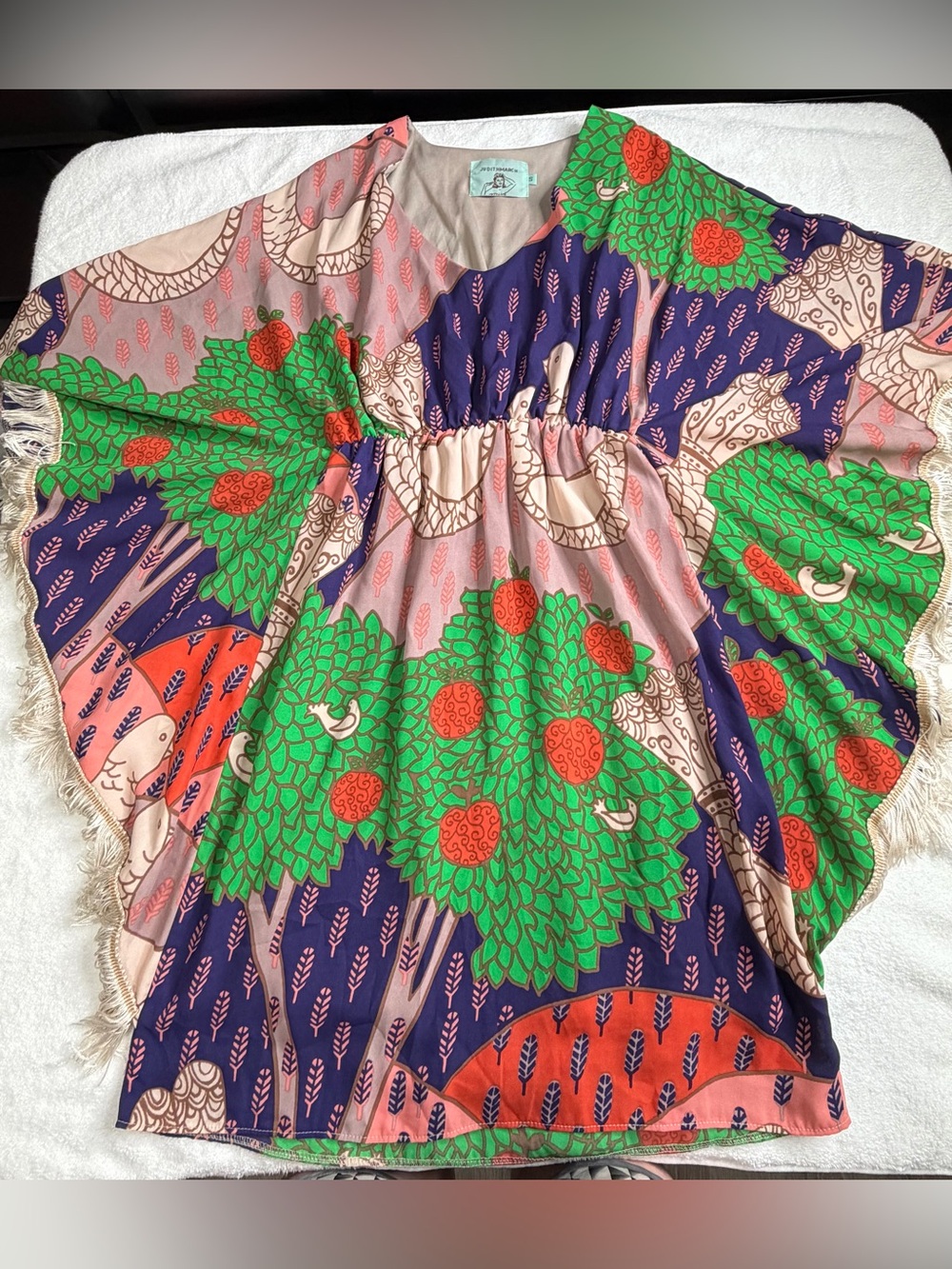 Judith March Bird and Tree Print Fringe Bell Long Sleeve Dress Size Small